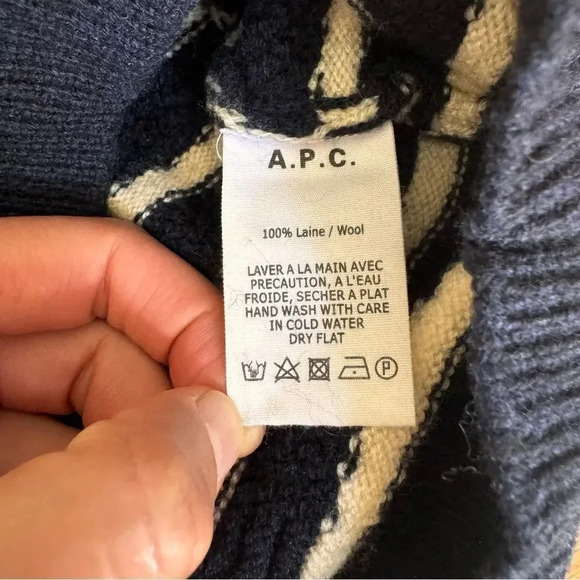 A.P.C. Rue Madame Paris 100% Wool Blue White Sweater striped crew neck S - Picture 9 of 10